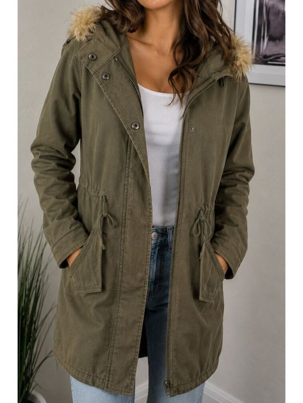 RVCA Women's Nature X Industrialization Hooded Parka Olive Green Utility Jacket
